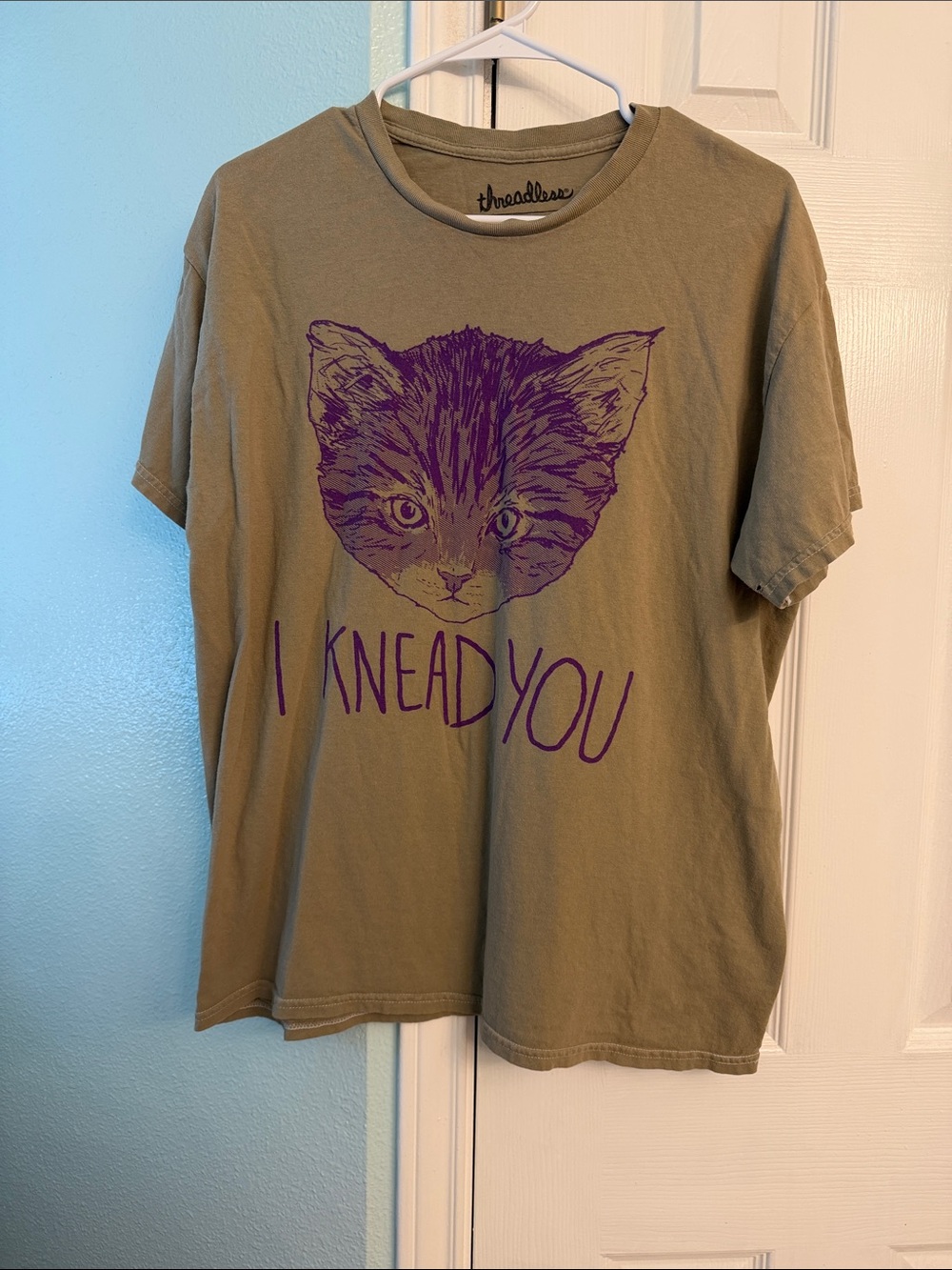 Threadless Olive Tee with Purple Cat Graphic